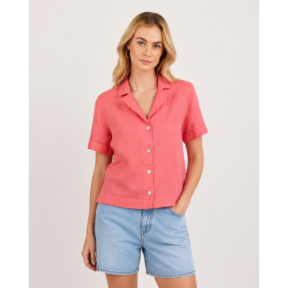 NWT Bella Dahl Coral 100% Linen Button Down Shirt Short Sleeve Relaxed Fit S